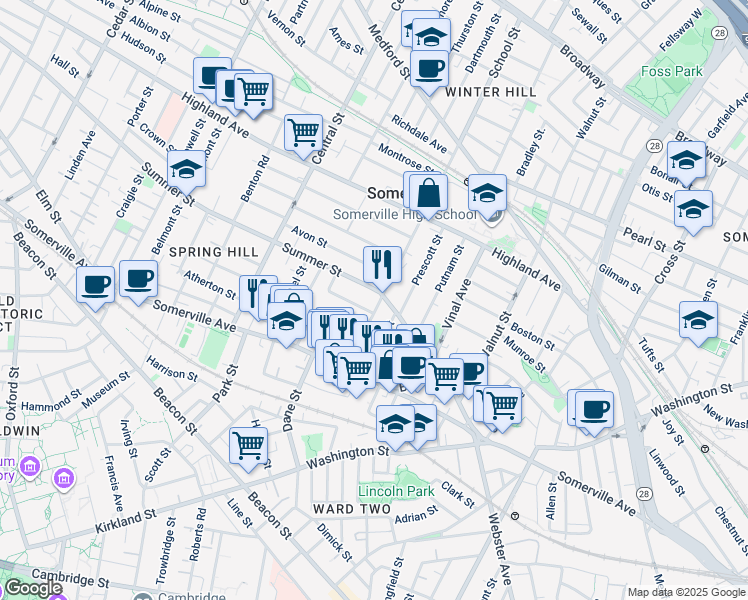 map of restaurants, bars, coffee shops, grocery stores, and more near 16 Preston Road in Somerville