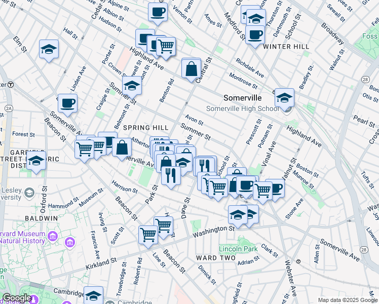 map of restaurants, bars, coffee shops, grocery stores, and more near 25 Laurel Street in Somerville