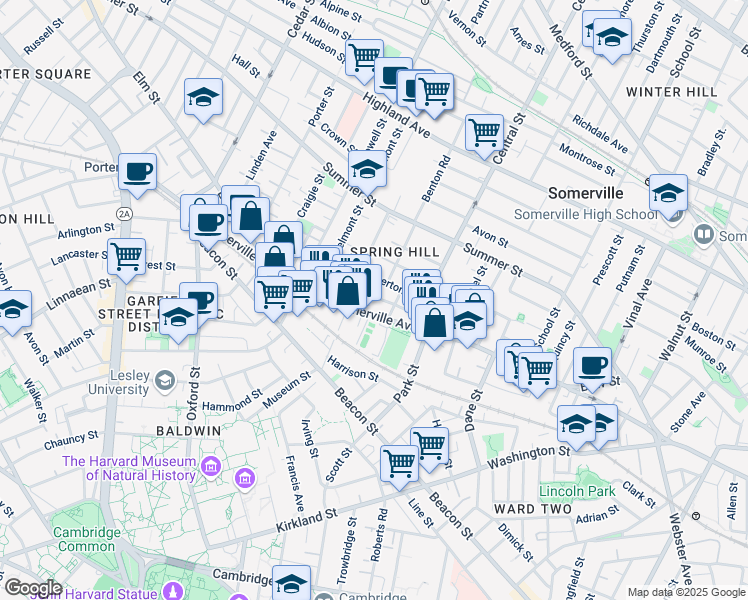 map of restaurants, bars, coffee shops, grocery stores, and more near 593 Somerville Avenue in Somerville