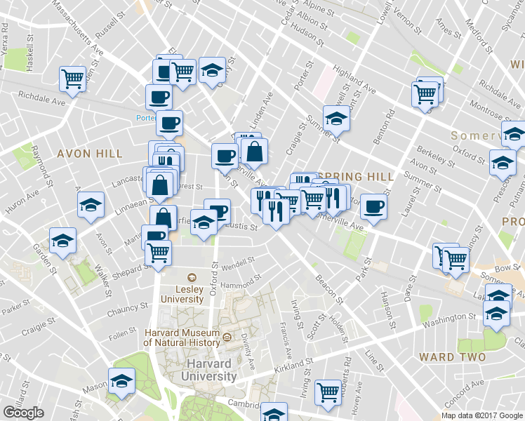 map of restaurants, bars, coffee shops, grocery stores, and more near in Somerville