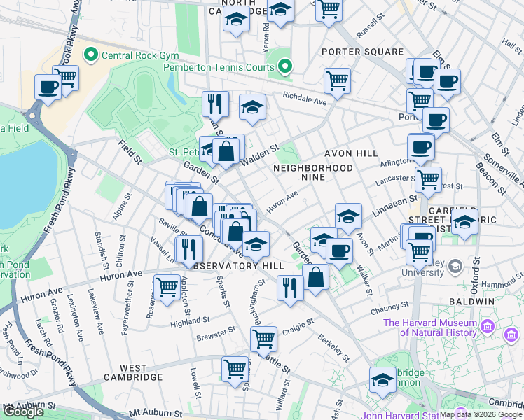 map of restaurants, bars, coffee shops, grocery stores, and more near in Cambridge