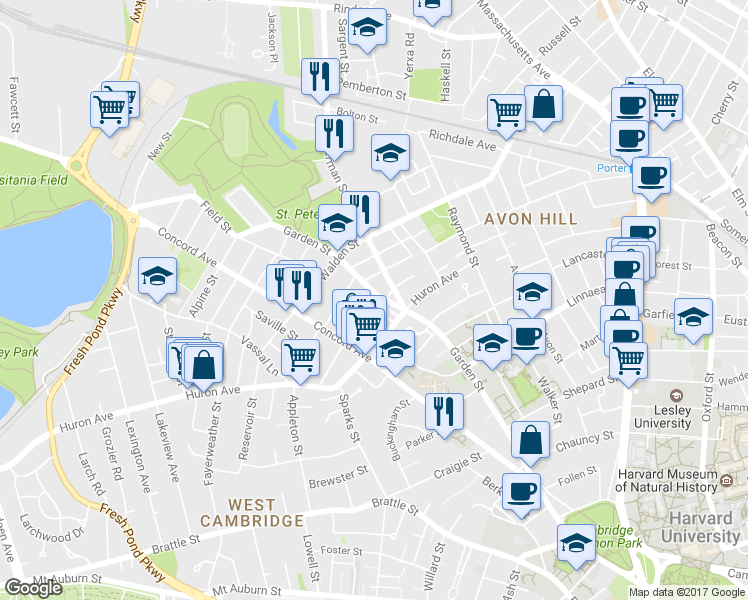 map of restaurants, bars, coffee shops, grocery stores, and more near in Cambridge