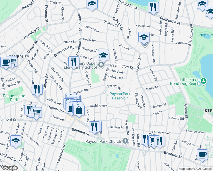 map of restaurants, bars, coffee shops, grocery stores, and more near 148 Oakley Road in Belmont