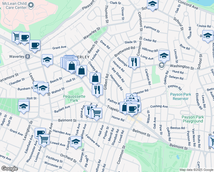 map of restaurants, bars, coffee shops, grocery stores, and more near 52 Gilbert Road in Belmont