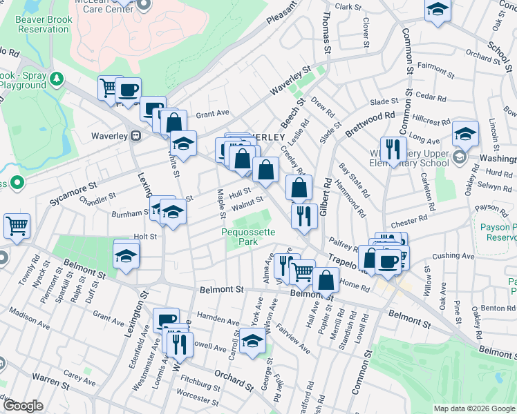 map of restaurants, bars, coffee shops, grocery stores, and more near 310 Trapelo Road in Belmont