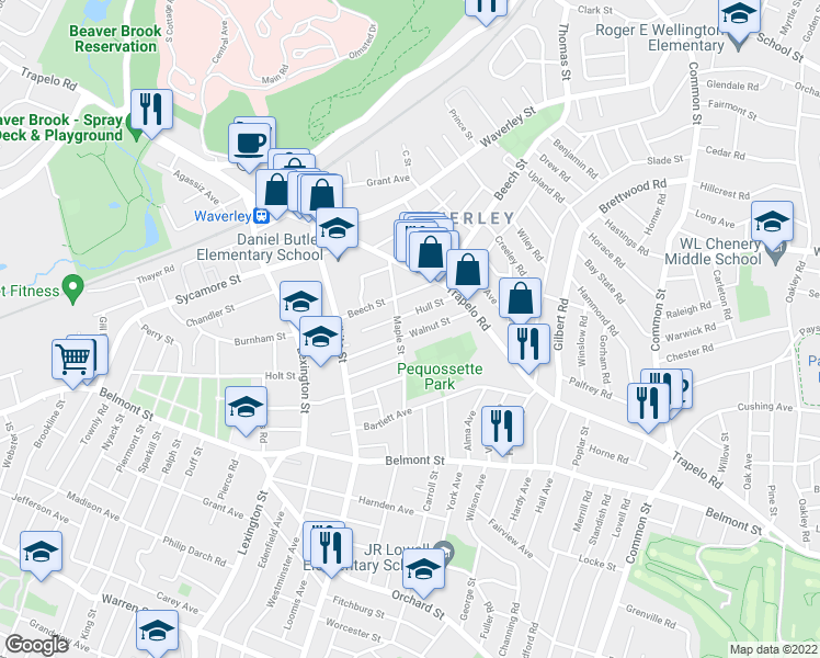 map of restaurants, bars, coffee shops, grocery stores, and more near 57 Maple Street in Belmont