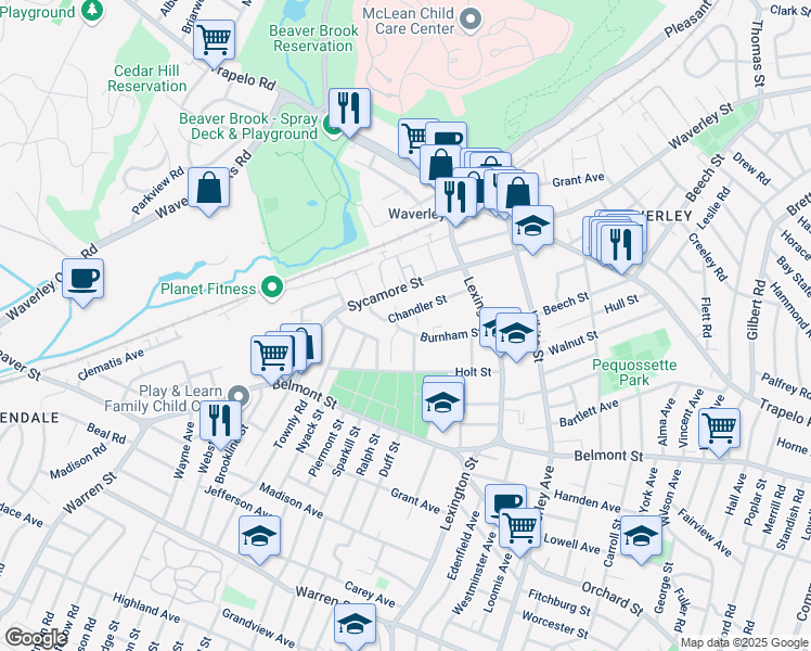 map of restaurants, bars, coffee shops, grocery stores, and more near 73 Burnham Street in Watertown