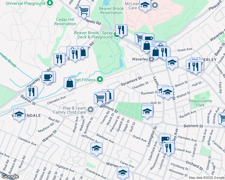 map of restaurants, bars, coffee shops, grocery stores, and more near 214 Sycamore Street in Watertown