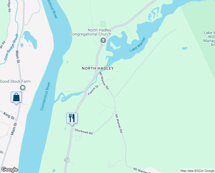 map of restaurants, bars, coffee shops, grocery stores, and more near 7 Mount Warner Road in Hadley