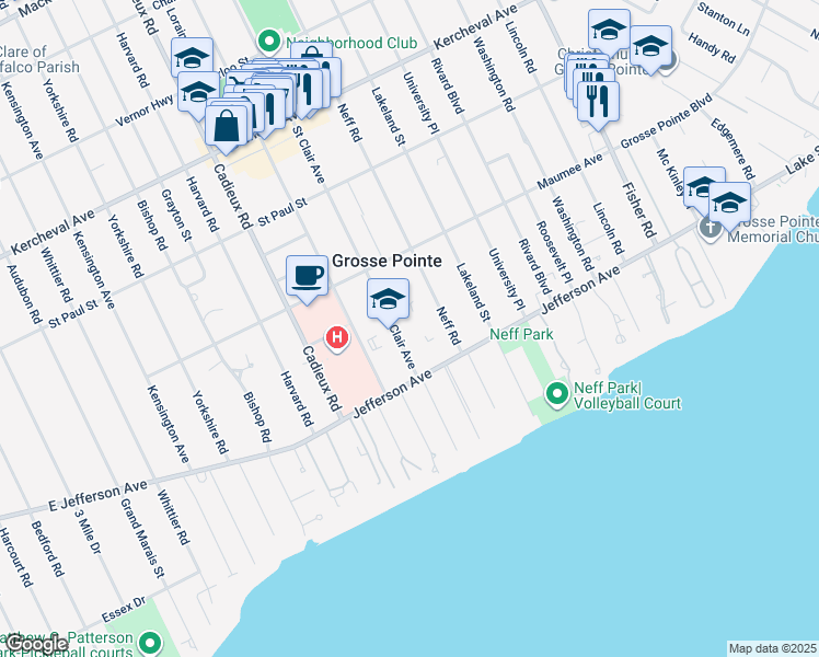 map of restaurants, bars, coffee shops, grocery stores, and more near 378 Saint Clair Avenue in Grosse Pointe