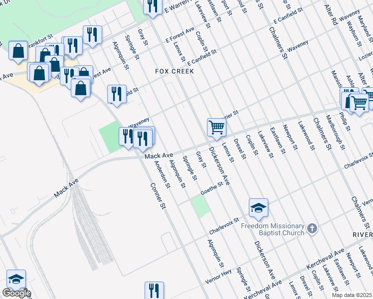 map of restaurants, bars, coffee shops, grocery stores, and more near 12820 Mack Avenue in Detroit