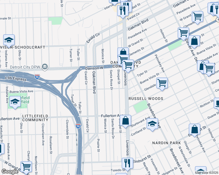 map of restaurants, bars, coffee shops, grocery stores, and more near 12795 Santa Rosa Drive in Detroit