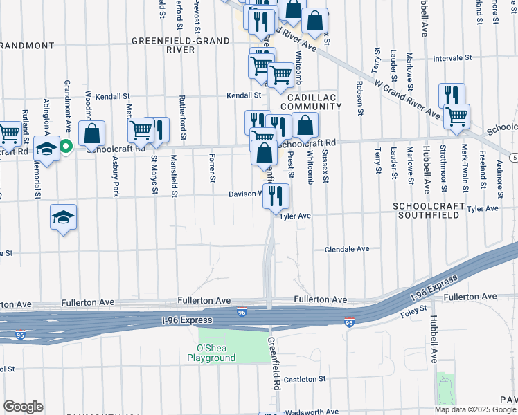 map of restaurants, bars, coffee shops, grocery stores, and more near 12914 Winthrop Street in Detroit