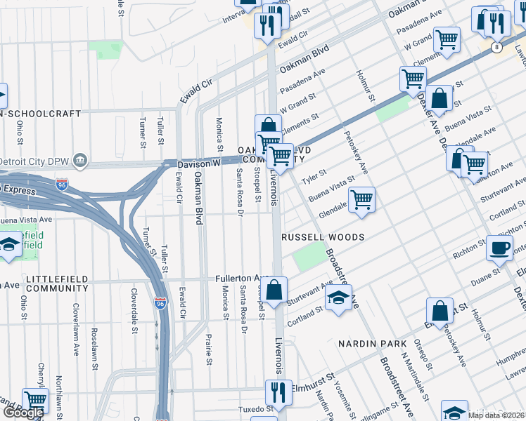 map of restaurants, bars, coffee shops, grocery stores, and more near 13102 Stoepel Street in Detroit
