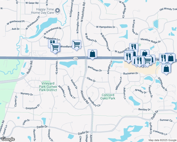 map of restaurants, bars, coffee shops, grocery stores, and more near 7375 Buchanan Drive in Gurnee