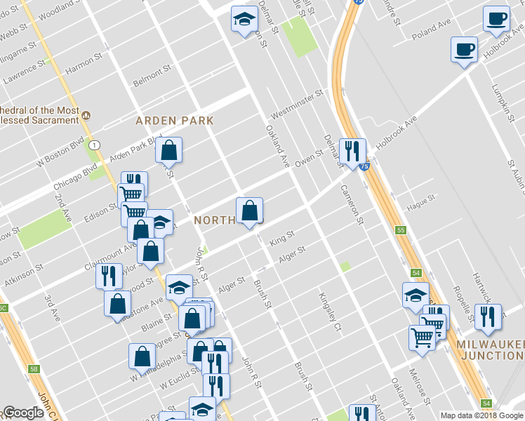 map of restaurants, bars, coffee shops, grocery stores, and more near 530 Josephine Street in Detroit