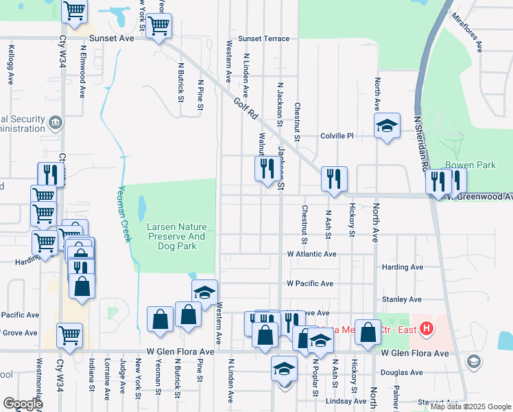 map of restaurants, bars, coffee shops, grocery stores, and more near 1730 Walnut Street in Waukegan