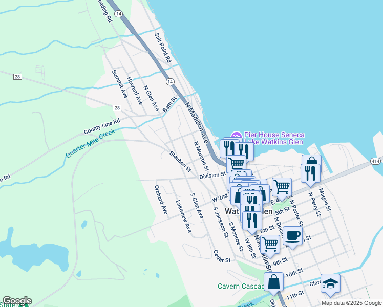 map of restaurants, bars, coffee shops, grocery stores, and more near 205 N Jackson St in Watkins Glen