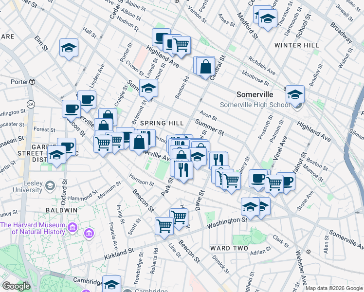 map of restaurants, bars, coffee shops, grocery stores, and more near 15 Central Street in Somerville