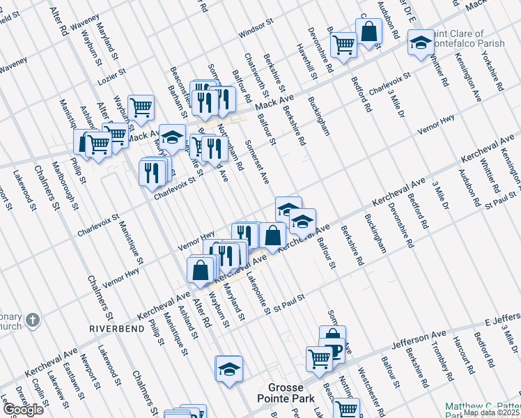 map of restaurants, bars, coffee shops, grocery stores, and more near 1301 Nottingham Road in Grosse Pointe Park