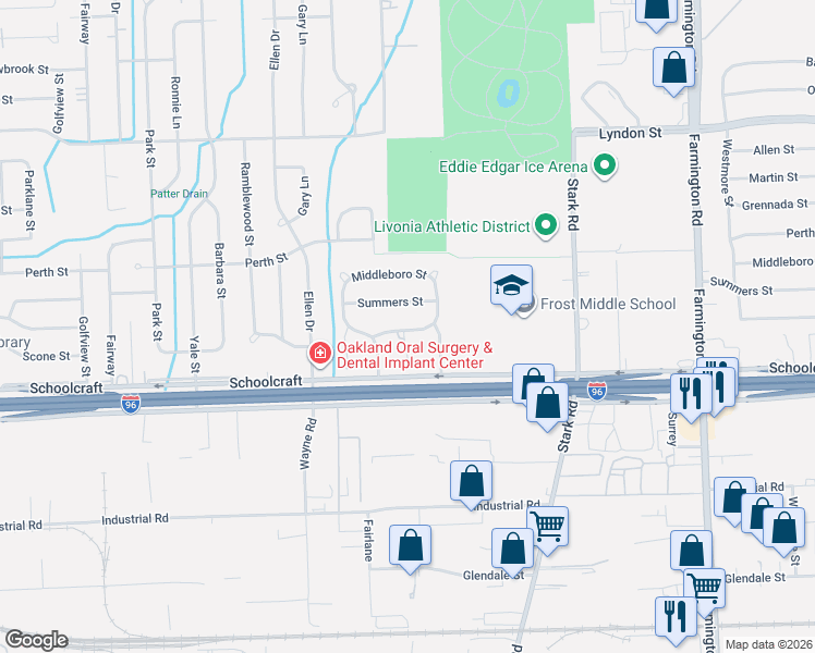 map of restaurants, bars, coffee shops, grocery stores, and more near 34677 Pinehurst Drive in Livonia