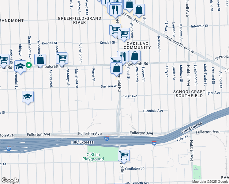 map of restaurants, bars, coffee shops, grocery stores, and more near 12914 Winthrop Street in Detroit