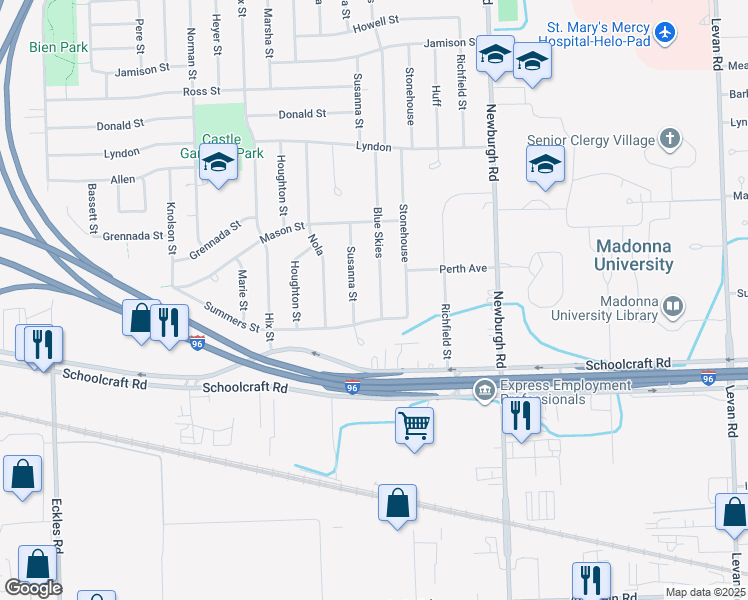 map of restaurants, bars, coffee shops, grocery stores, and more near 14080 Susanna Street in Livonia