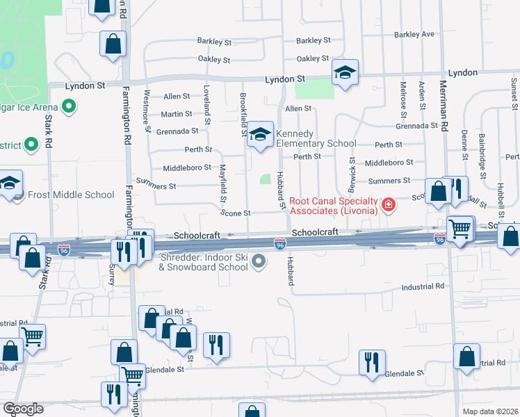 map of restaurants, bars, coffee shops, grocery stores, and more near 32531 Scone Street in Livonia