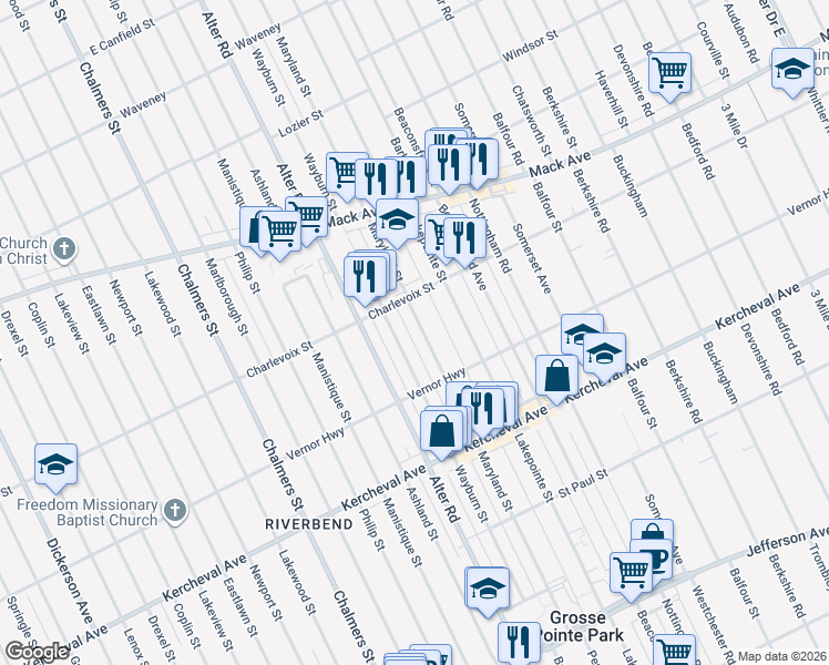 map of restaurants, bars, coffee shops, grocery stores, and more near 1352 Wayburn Street in Grosse Pointe