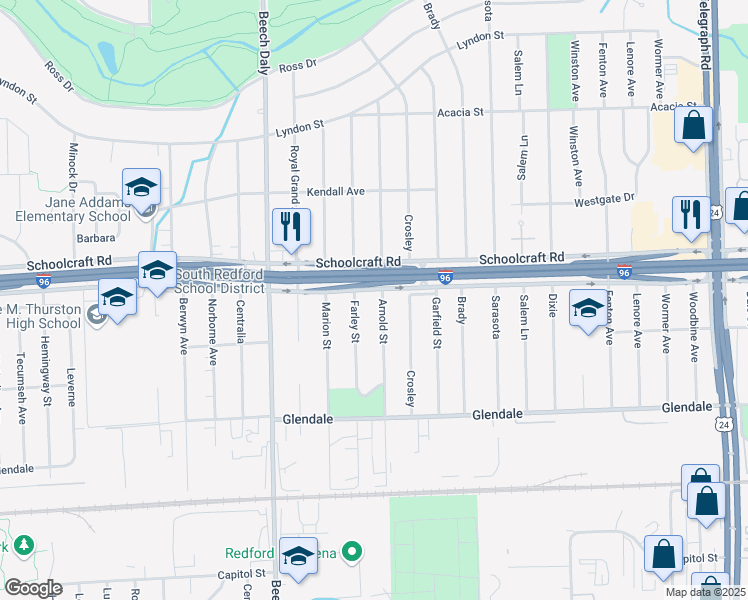 map of restaurants, bars, coffee shops, grocery stores, and more near 13581 Arnold in Redford Charter Township