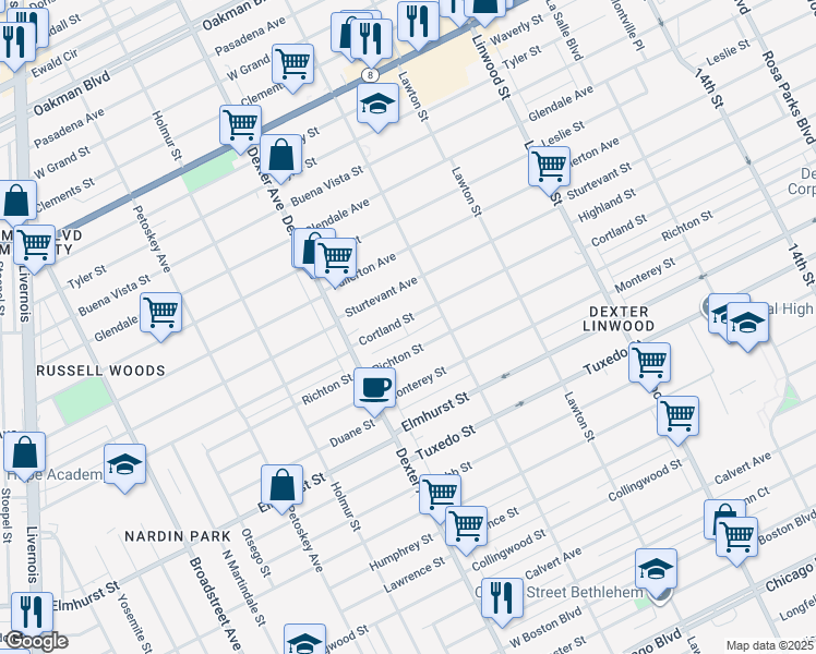 map of restaurants, bars, coffee shops, grocery stores, and more near 3258 Richton Street in Detroit