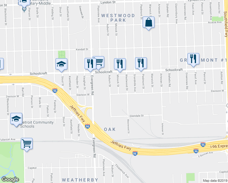 map of restaurants, bars, coffee shops, grocery stores, and more near 19536 Davison West in Detroit