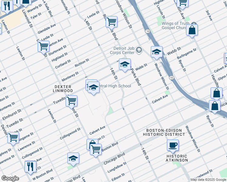 map of restaurants, bars, coffee shops, grocery stores, and more near 2255 Webb Street in Detroit