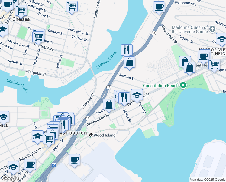 map of restaurants, bars, coffee shops, grocery stores, and more near 10 Moore Street in Boston