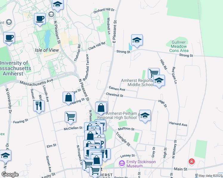 map of restaurants, bars, coffee shops, grocery stores, and more near 15 Eames Avenue in Amherst