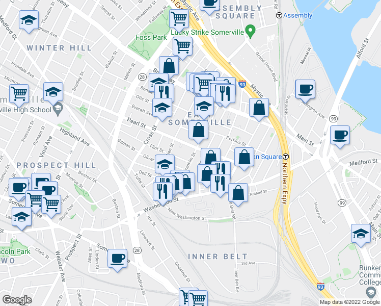 map of restaurants, bars, coffee shops, grocery stores, and more near 49 Franklin Street in Somerville
