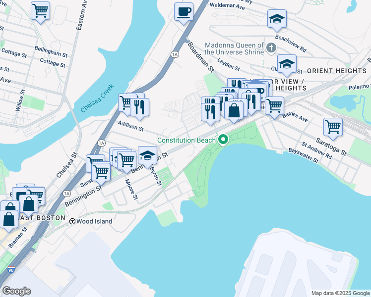 map of restaurants, bars, coffee shops, grocery stores, and more near 699 Bennington Street in Boston
