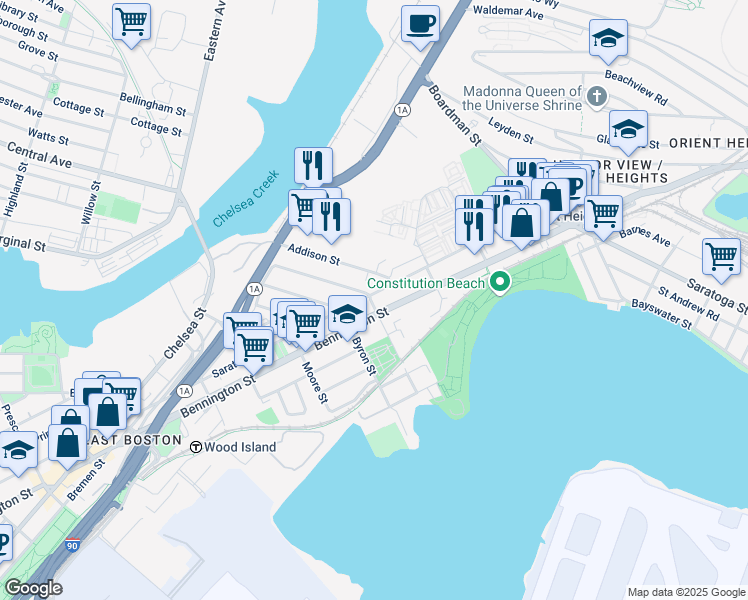 map of restaurants, bars, coffee shops, grocery stores, and more near 669 Massachusetts 145 in Boston