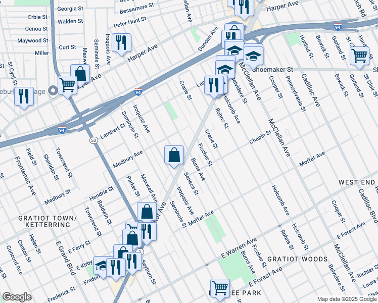 map of restaurants, bars, coffee shops, grocery stores, and more near Gratiot Ave & Burns St in Detroit