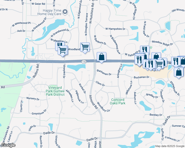 map of restaurants, bars, coffee shops, grocery stores, and more near 7375 Buchanan Drive in Gurnee