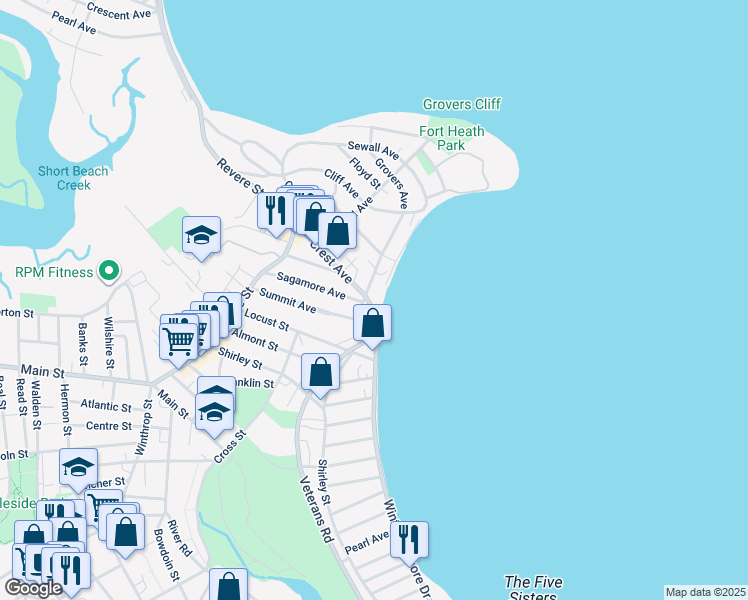 map of restaurants, bars, coffee shops, grocery stores, and more near 120 Crest Avenue in Winthrop