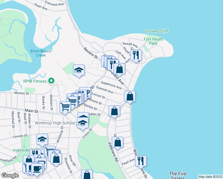 map of restaurants, bars, coffee shops, grocery stores, and more near 69 Summit Avenue in Winthrop