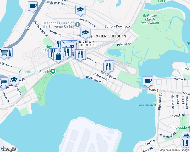 map of restaurants, bars, coffee shops, grocery stores, and more near 102 Bayswater Street in Boston