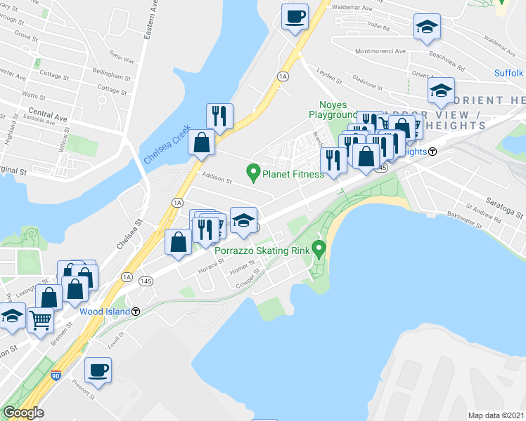 map of restaurants, bars, coffee shops, grocery stores, and more near 669 Massachusetts 145 in Boston