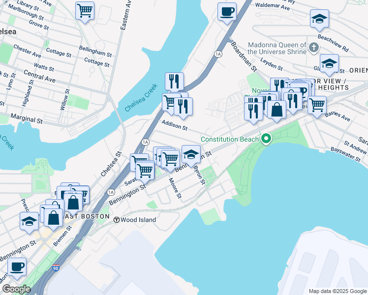 map of restaurants, bars, coffee shops, grocery stores, and more near 754 Saratoga Street in Boston