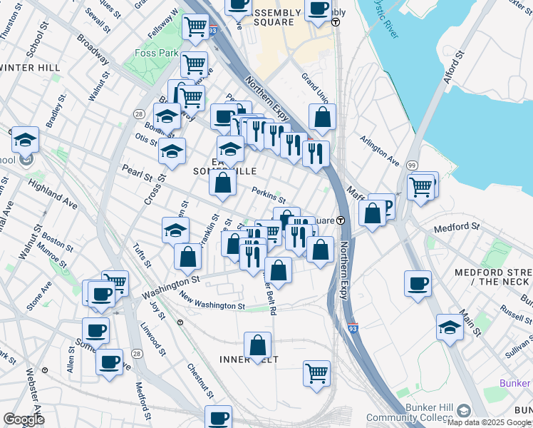 map of restaurants, bars, coffee shops, grocery stores, and more near in Somerville