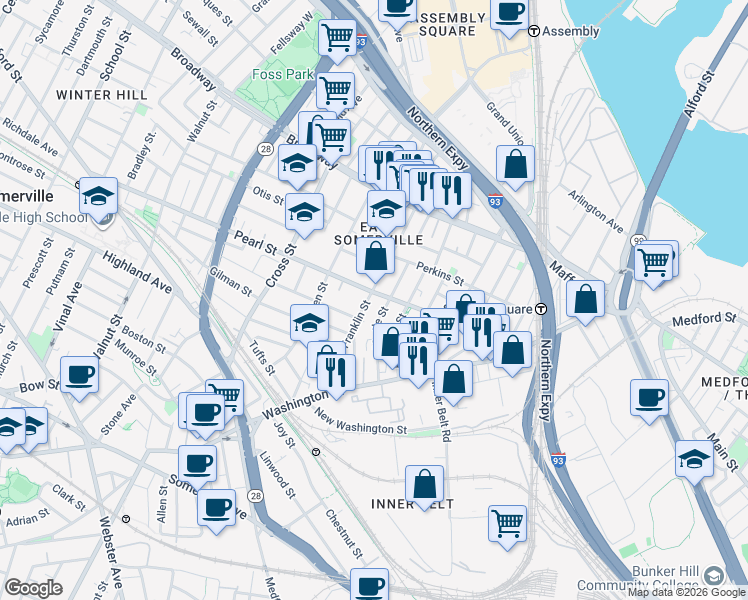 map of restaurants, bars, coffee shops, grocery stores, and more near 65 Myrtle Street in Somerville