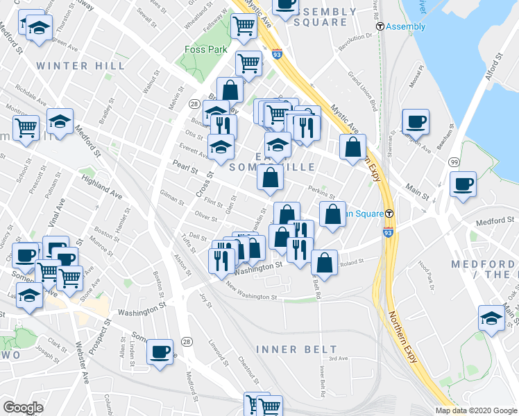 map of restaurants, bars, coffee shops, grocery stores, and more near 49 Franklin Street in Somerville