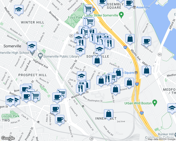 map of restaurants, bars, coffee shops, grocery stores, and more near 49 Franklin Street in Somerville