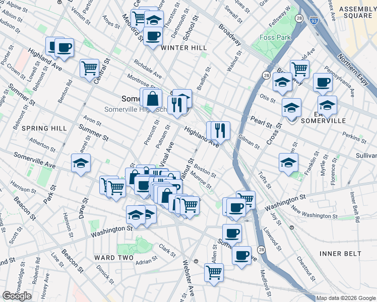 map of restaurants, bars, coffee shops, grocery stores, and more near in Somerville